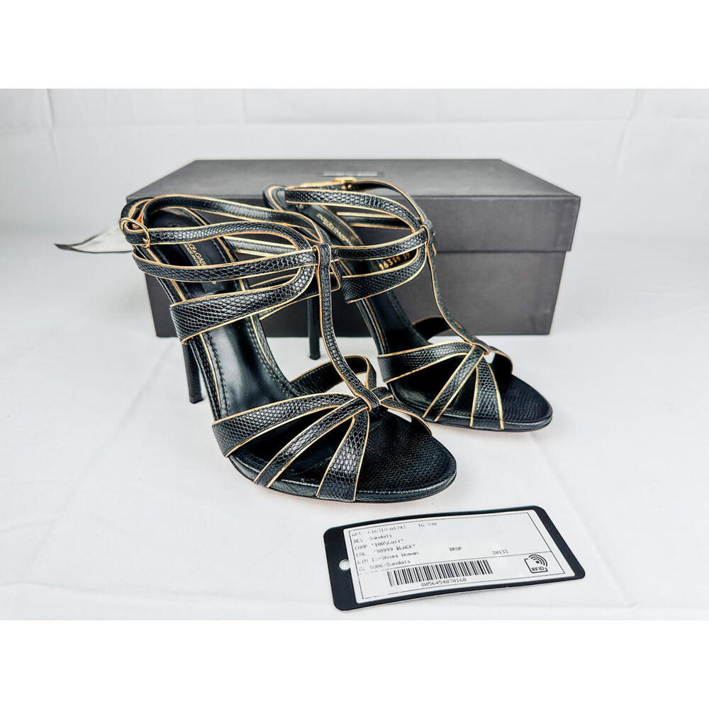 Dolce & Gabbana Ankle-Strap Heels Black & Gold Leather Size 39 EU Full Set NWT - Picture 1 of 9